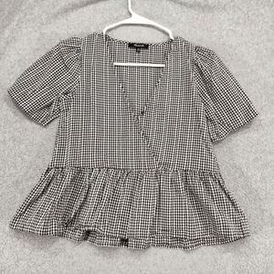 Madewell Crossover Peplum Top Wmns Sz XXS Black White Gingham Peplum Shrt Sleeve